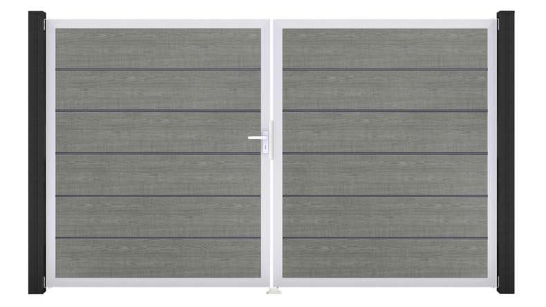 planeo Gardence Simply Premium - PVC-Tor - DIN Links 2-flügelig Grey Ash Cut mit Silber-Alurahmen | EV1 300 x 180 cm