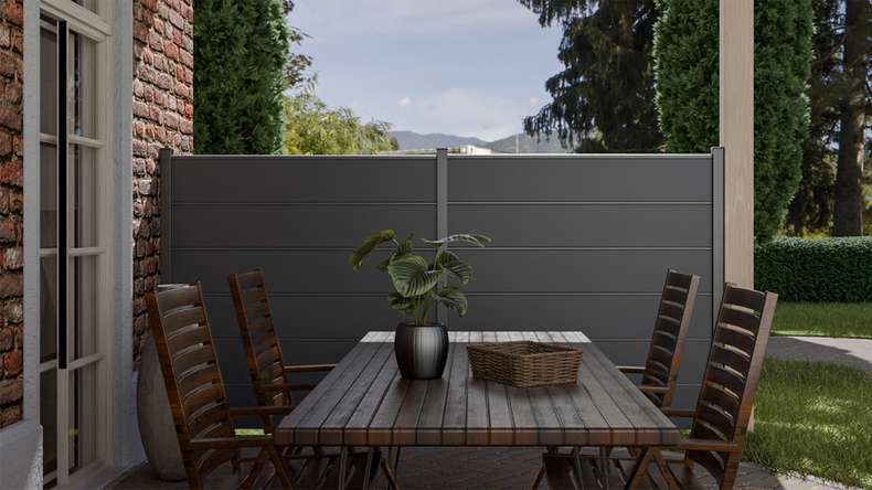 planeo Gardence Simply Premium - PVC-Steckzaun Anthrazitgrau mit Lisenen in Anthrazit 180 x 180 cm