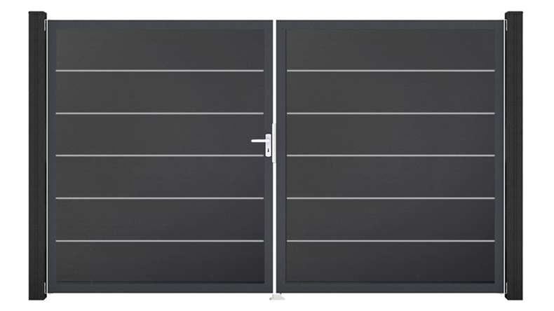 planeo Gardence Simply Premium - PVC-Tor - DIN Links 2-flügelig Anthrazit mit Anthrazit-Alurahmen | DB703 300 x 180 cm