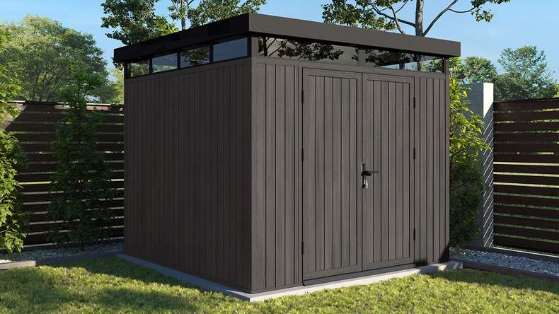 planeo WPC CoEx Flachdach Gartenhaus M - Dunkelgrau 250 x 250 x 226.5 cm