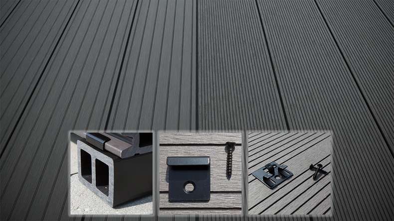 planeo LightWood WPC-Terrasse Komplett-Set Hohlkammerdiele 3m (35.1m²) - Dunkelgrau gerillt/genutet