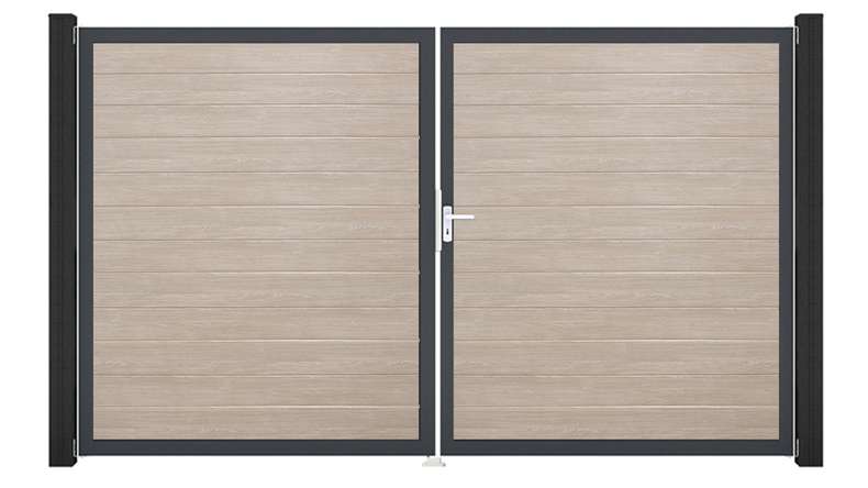 planeo Gardence Simply Small - PVC-Tor - DIN Rechts 2-flügelig Sheffield Oak mit Anthrazit-Alurahmen | DB703 300 x 180 cm