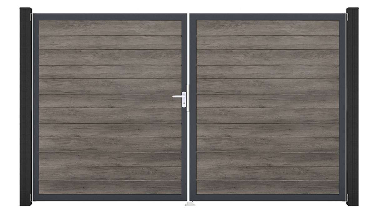 planeo Gardence Simply Small - PVC-Tor 2-flügelig Monument Oak mit Alurahmen 300 x 180 cm