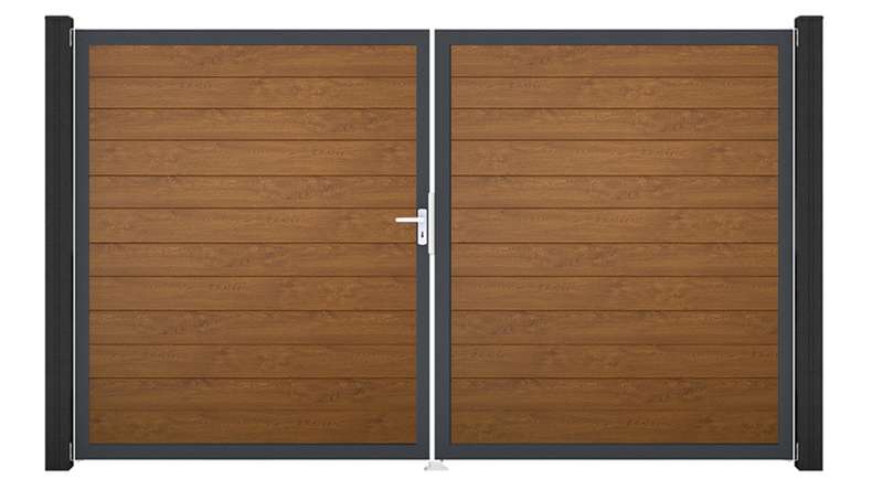 planeo Gardence Simply Small - PVC-Tor - DIN Links 2-flügelig Golden Oak mit Anthrazit-Alurahmen | DB703 300 x 180 cm