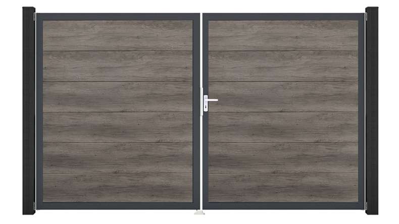 planeo Gardence Simply Guard - PVC-Tor - DIN Rechts 2-flügelig Monument Oak mit Anthrazit-Alurahmen | DB703 300 x 180 cm