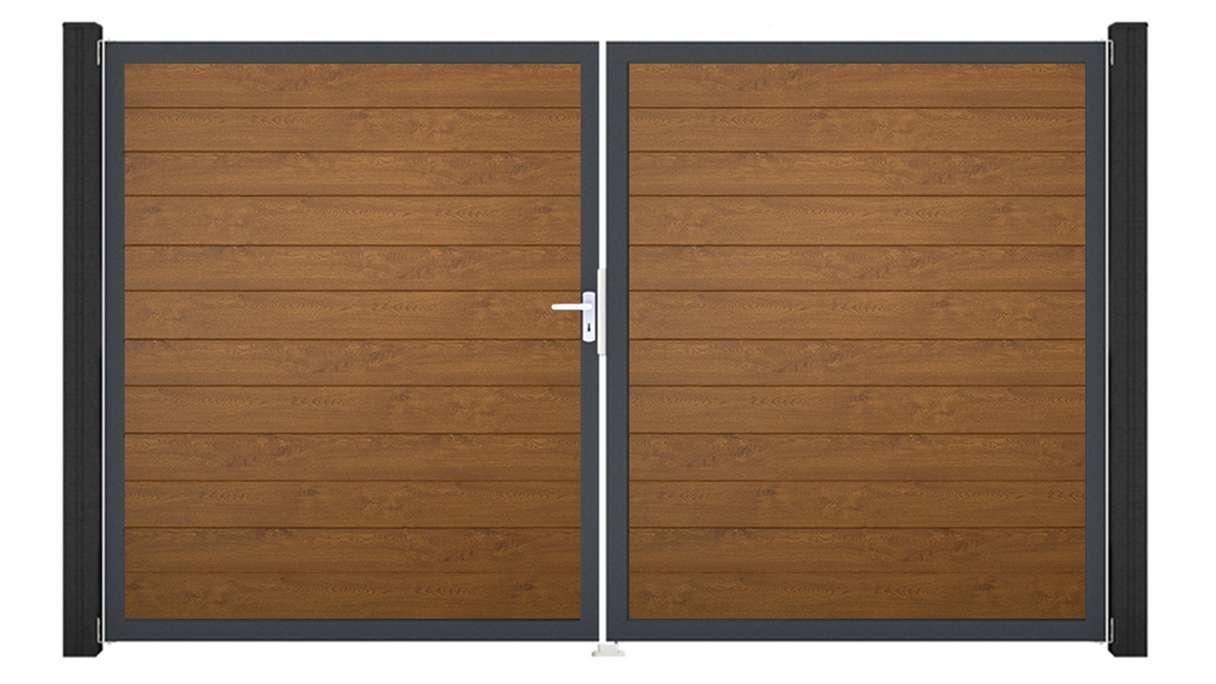 planeo Gardence Simply Small - PVC-Tor 2-flügelig Golden Oak mit Alurahmen 300 x 180 cm
