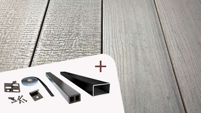 Komplett-Set TitanWood 3m Massivdiele Holzstruktur Hellgrau 21m² inkl. Alu-UK