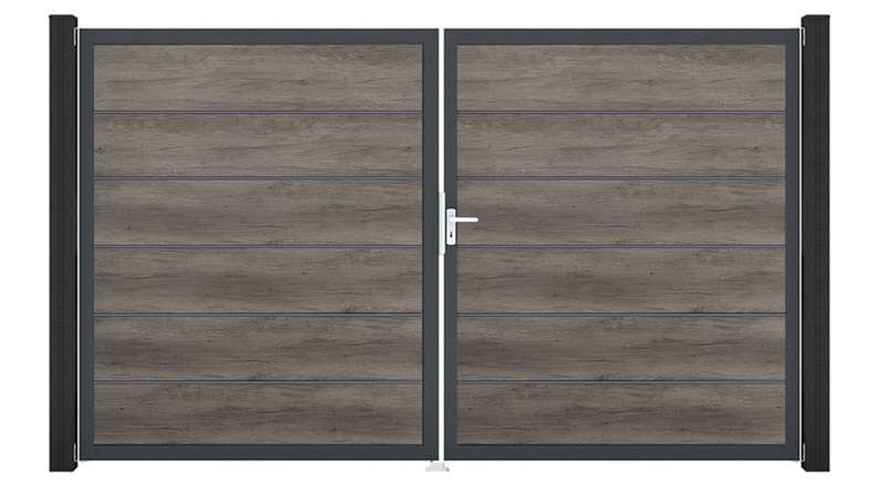 planeo Gardence Simply Premium - PVC-Tor - DIN Rechts 2-flügelig Monument Oak mit Anthrazit-Alurahmen | DB703 300 x 180 cm