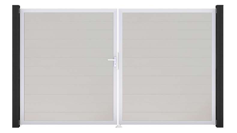 planeo Gardence Simply Small - PVC-Tor - DIN Links 2-flügelig Weiss mit Silber-Alurahmen | EV1 300 x 180 cm