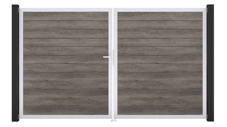planeo Gardence Simply Small - PVC-Tor - DIN Links 2-flügelig Monument Oak mit Silber-Alurahmen | EV1 300 x 180 cm
