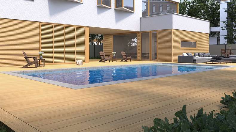 planeo MAXLine Nature - 3m WPC CoEx ummantelte XL Terrassendiele Verbundprofil leicht - Sand strukturiert/glatt gebürstet