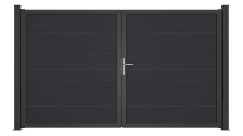 planeo Gardence Simply Guard - PVC-Tor - DIN Rechts 2-flügelig Anthrazitgrau mit Anthrazit-Alurahmen | DB703 300 x 180 cm