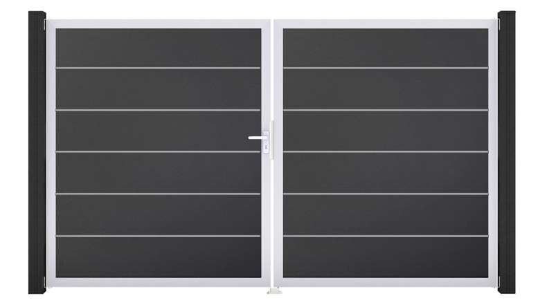 planeo Gardence Simply Premium - PVC-Tor - DIN Links 2-flügelig Anthrazit mit Silber-Alurahmen | EV1 300 x 180 cm