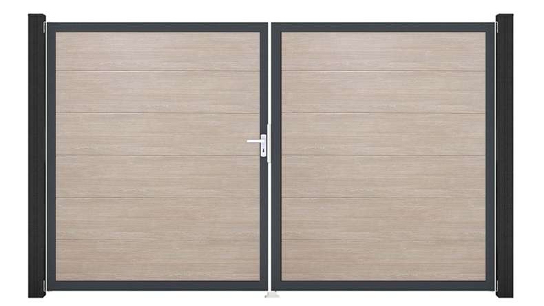planeo Gardence Simply - PVC-Tor - DIN Links 2-flügelig Sheffield Oak mit Anthrazit-Alurahmen