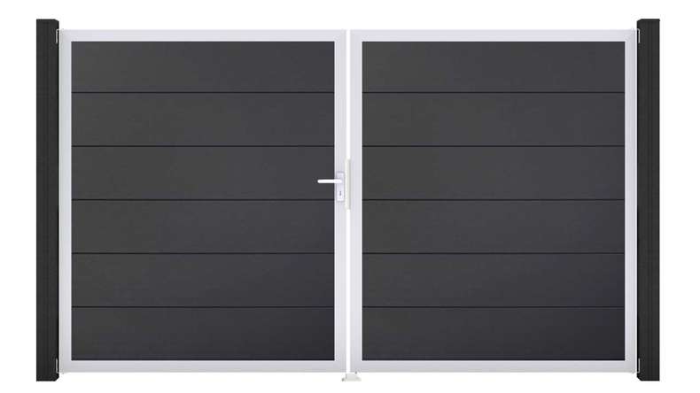 planeo Gardence Simply - PVC-Tor - DIN Links 2-flügelig Anthrazit mit Silber-Alurahmen 