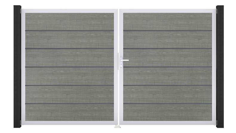 planeo Gardence Simply Premium - PVC-Tor - DIN Rechts 2-flügelig Grey Ash Cut mit Silber-Alurahmen | EV1 300 x 180 cm