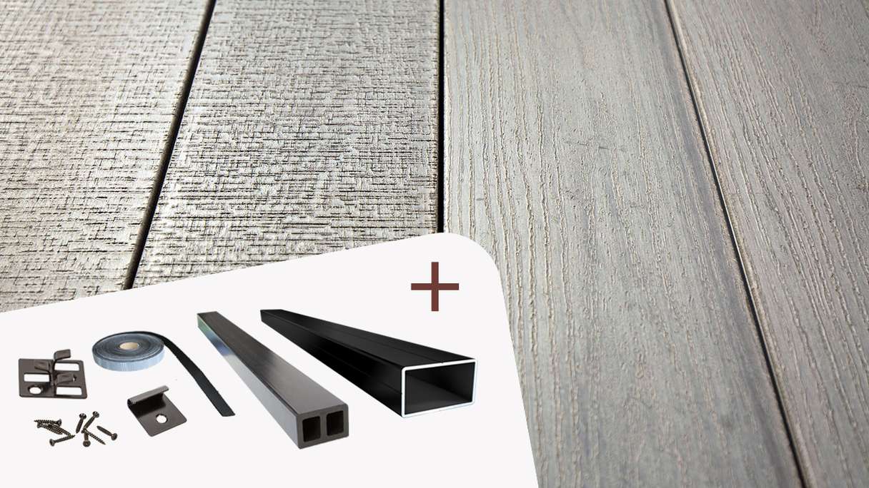 Komplett-Set TitanWood 3m Massivdiele Holzstruktur Hellgrau 42.3m² inkl. Alu-UK