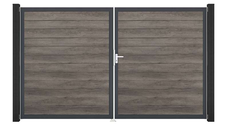 planeo Gardence Simply Small - PVC-Tor 2-flügelig Monument Oak mit Alurahmen 300 x 180 cm