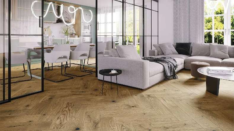 Skaben Premium Fischgrät Parkett Eiche Rustic natur geölt Optik angeräuchert gebürstet Landhausdiele Fischgrät M4V