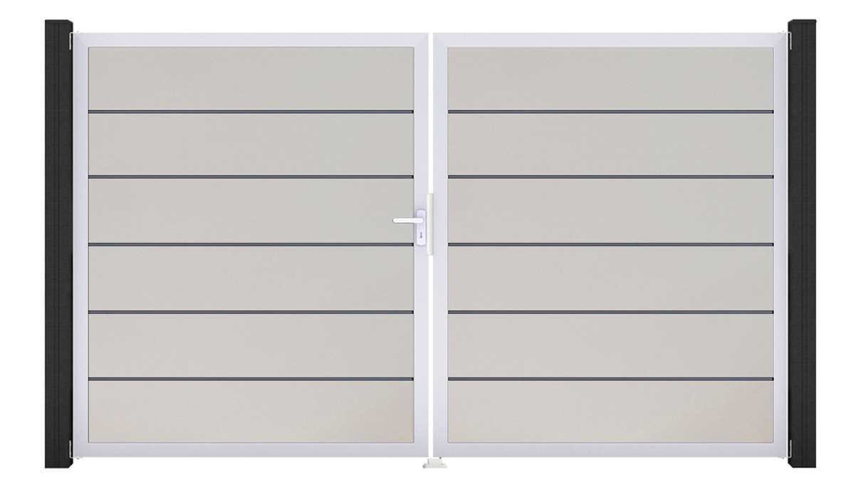 planeo Gardence Simply Premium - PVC-Tor - DIN Links 2-flügelig Weiss mit Silber-Alurahmen | EV1 300 x 180 cm