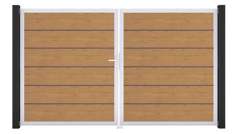 planeo Gardence Simply Premium - PVC-Tor - DIN Links 2-flügelig Asteiche Natur mit Silber-Alurahmen | EV1 300 x 180 cm