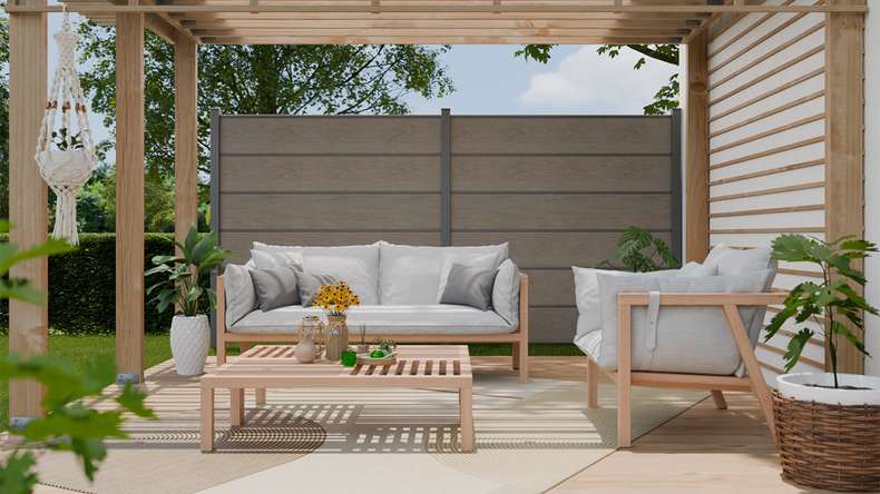 planeo Gardence Simply Premium - PVC-Steckzaun Monument Oak mit Lisenen in Anthrazit 180 x 180 cm