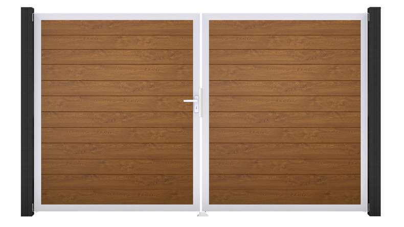 planeo Gardence Simply Small - PVC-Tor - DIN Links 2-flügelig Golden Oak mit Silber-Alurahmen | EV1 300 x 180 cm