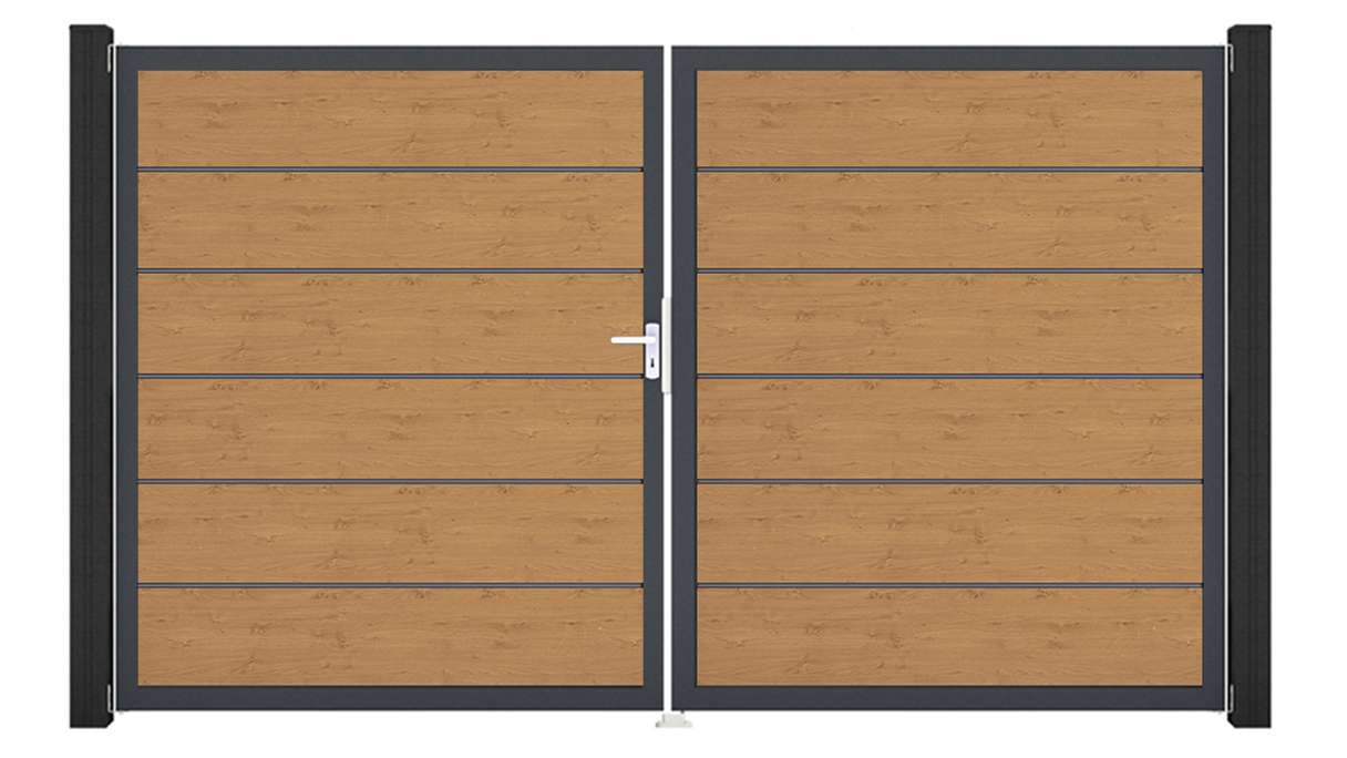 planeo Gardence Simply Premium - PVC-Tor 2-flügelig Asteiche Natur mit Alurahmen 300 x 180 cm