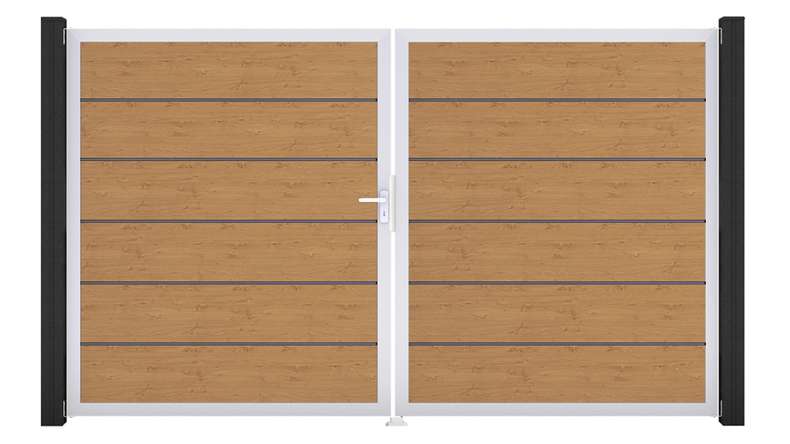 planeo Gardence Simply Premium - PVC-Tor 2-flügelig Asteiche Natur mit Alurahmen 300 x 180 cm