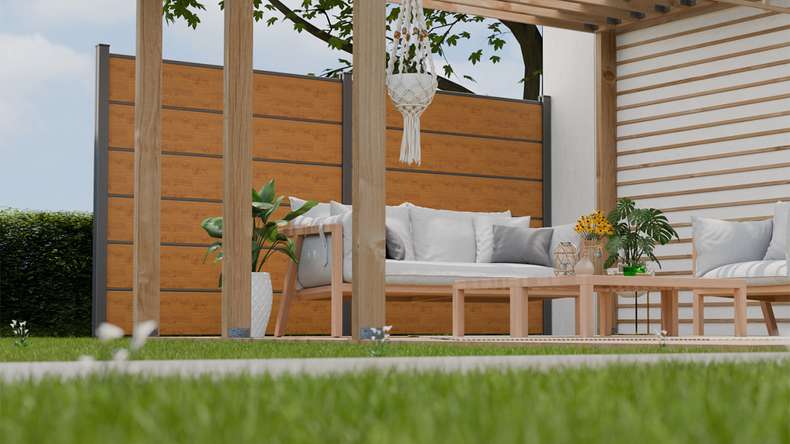 planeo Gardence Simply Premium - PVC-Steckzaun Asteiche Natur mit Lisenen in Anthrazit 180 x 180 cm