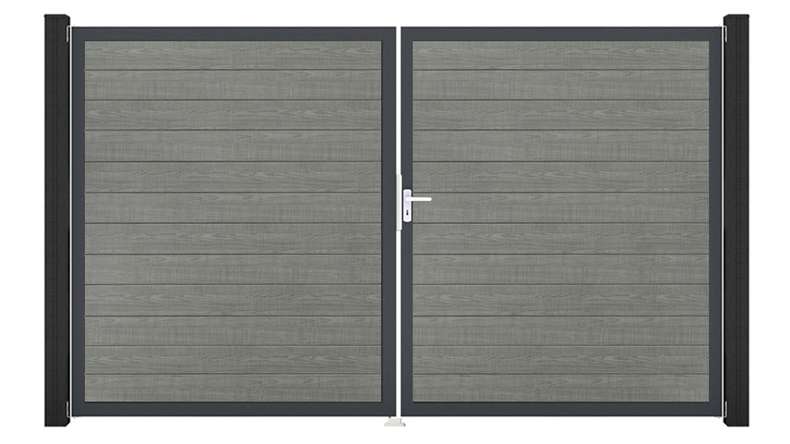 planeo Gardence Simply Small - PVC-Tor - DIN Rechts 2-flügelig Grey Ash Cut mit Anthrazit-Alurahmen | DB703 300 x 180 cm