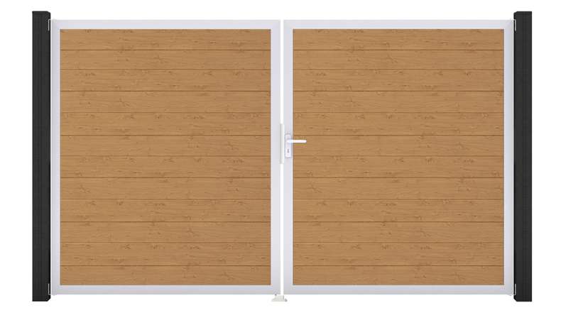 planeo Gardence Simply Small - PVC-Tor - DIN Rechts 2-flügelig Asteiche Natur mit Silber-Alurahmen | EV1 300 x 180 cm