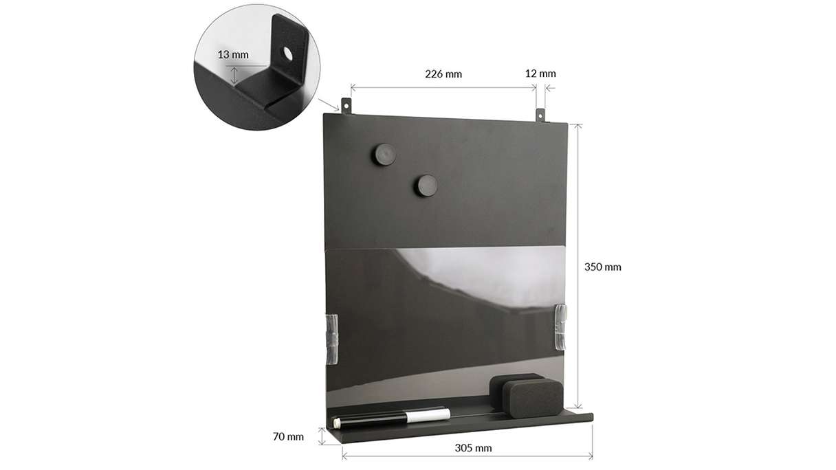 planeo Magnettafel mit Ablage - Schwarz inkl. 2 Magneten inkl. Schrauben