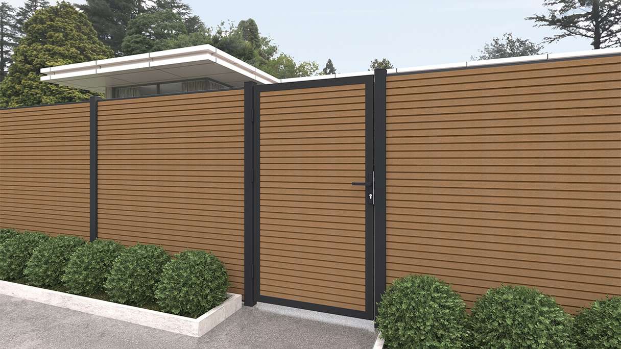 planeo LINEA - WPC CoEx Rhombus Universaltor Burma Teak mit Anthrazit Alurahmen 100 x 180 cm