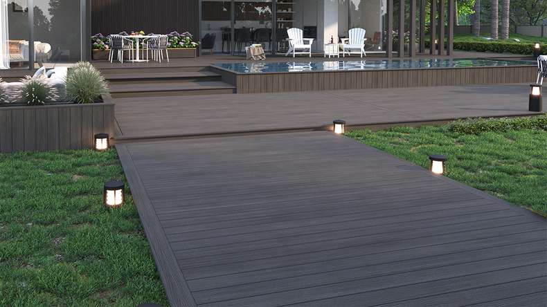 planeo WOODLine Nature - 3m WPC CoEx ummantelte Terrassendiele Verbundprofil leicht - Dunkelgrau strukturiert/glatt gebürstet