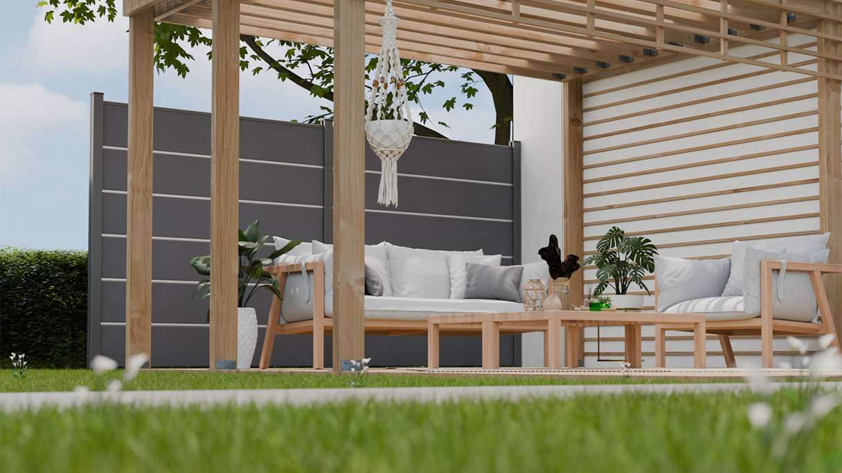 planeo Gardence Simply Premium - PVC-Steckzaun Anthrazitgrau mit Lisenen in Anthrazit 180 x 180 cm