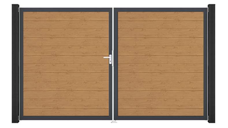 planeo Gardence Simply Small - PVC-Tor - DIN Links 2-flügelig Asteiche Natur mit Anthrazit-Alurahmen | DB703 300 x 180 cm