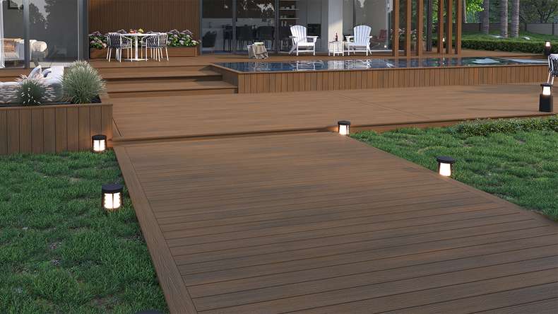 planeo WOODLine Nature - 3m WPC CoEx ummantelte Terrassendiele Verbundprofil leicht - Burma Teak strukturiert/glatt gebürstet