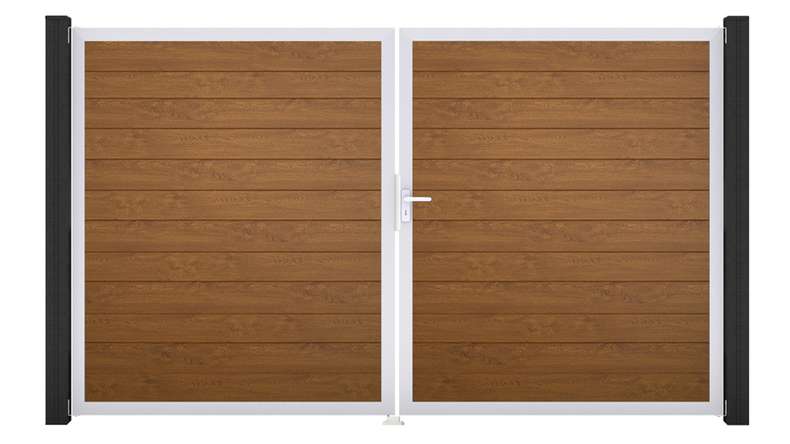 planeo Gardence Simply Small - PVC-Tor - DIN Rechts 2-flügelig Golden Oak mit Silber-Alurahmen | EV1 300 x 180 cm