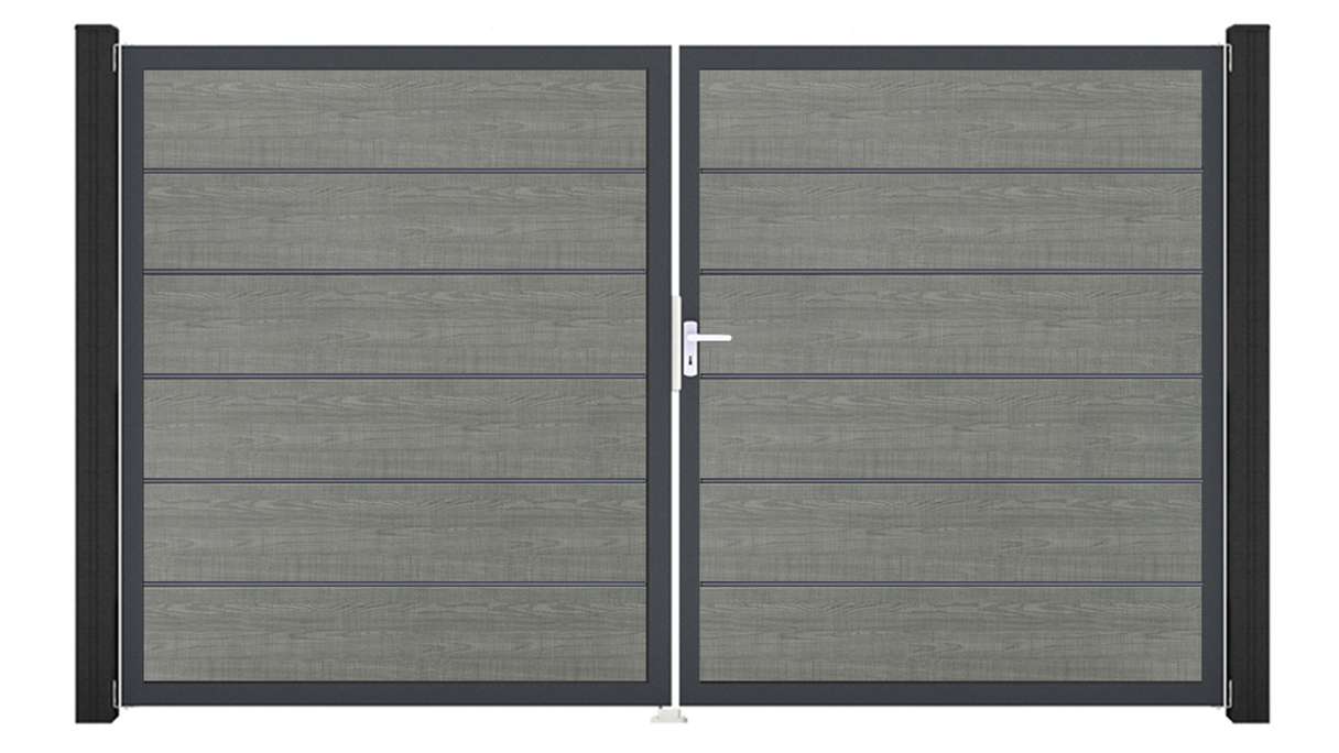 planeo Gardence Simply Premium - PVC-Tor 2-flügelig Grey Ash Cut mit Alurahmen 300 x 180 cm