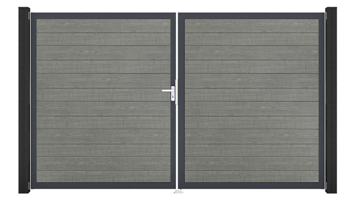 planeo Gardence Simply Small - PVC-Tor 2-flügelig Grey Ash Cut mit Alurahmen 300 x 180 cm