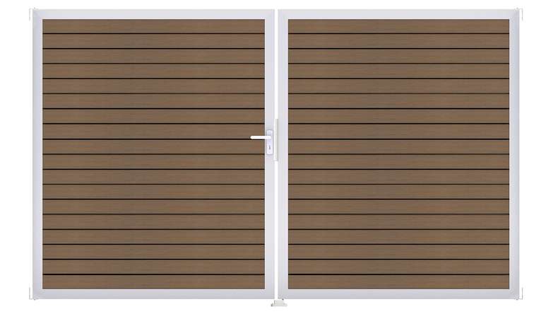 planeo Gardence Trendy - BPC-Rhombus-Tor - DIN Links 2-flügelig Teak co-ex mit Silber-Alurahmen | EV1