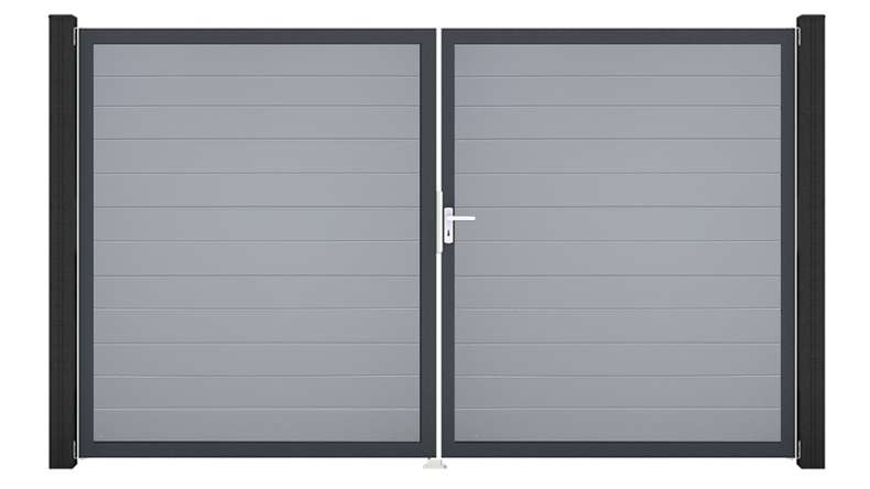 planeo Gardence Simply Small - PVC-Tor - DIN Rechts 2-flügelig Silbergrau mit Anthrazit-Alurahmen | DB703 300 x 180 cm