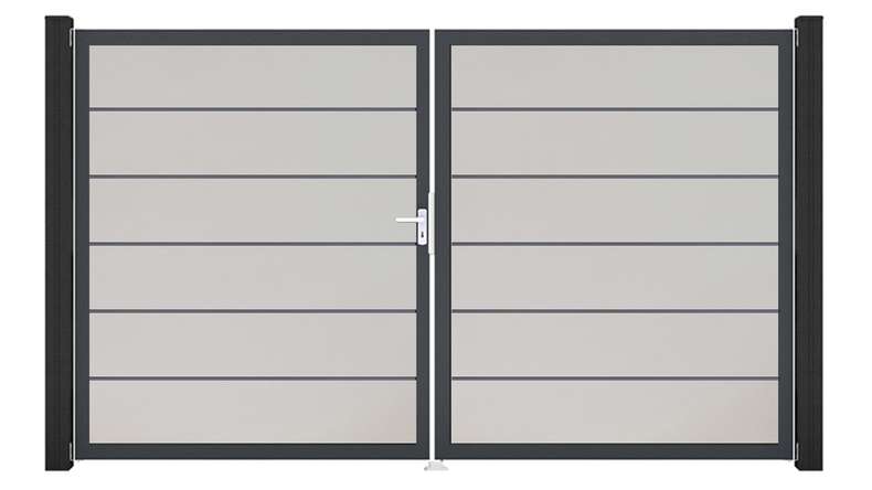 planeo Gardence Simply Premium - PVC-Tor - DIN Links 2-flügelig Weiss mit Anthrazit-Alurahmen | DB703 300 x 180 cm