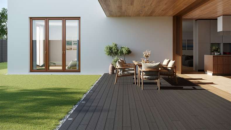 planeo LightWood WPC-Terrasse Komplett-Set Hohlkammerdiele 3m (35.1m²) - Dunkelgrau gerillt/genutet