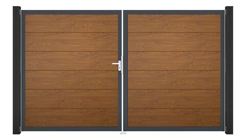 planeo Gardence Simply - PVC-Tor - DIN Links 2-flügelig Golden Oak mit Anthrazit-Alurahmen