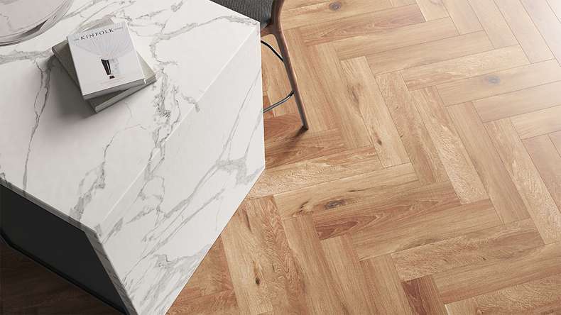planeo Rigid Klick Vinyl - SolutionX 2in1 Fischgrät Eiche Natur Rustikal | Trittschalldämmung integr. (ECF-HB-0755)