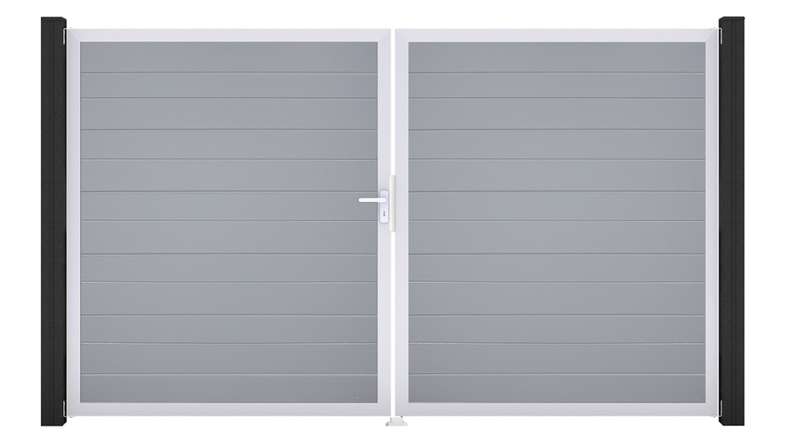 planeo Gardence Simply Small - PVC-Tor - DIN Links 2-flügelig Silbergrau mit Silber-Alurahmen | EV1 300 x 180 cm
