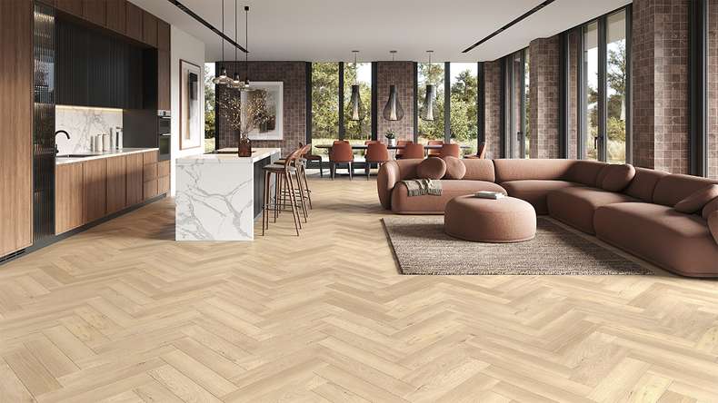 planeo Rigid Klick Vinyl - SolutionX 2in1 Fischgrät Eiche Hell | Trittschalldämmung integr. (ECF-HB-4855)