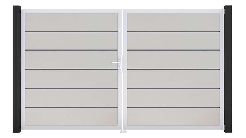 planeo Gardence Simply Premium - PVC-Tor - DIN Links 2-flügelig Weiss mit Silber-Alurahmen | EV1 300 x 180 cm